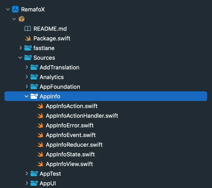 Feature parts: Action, ActionHandler, Error, Event, Reducer, State, and View.