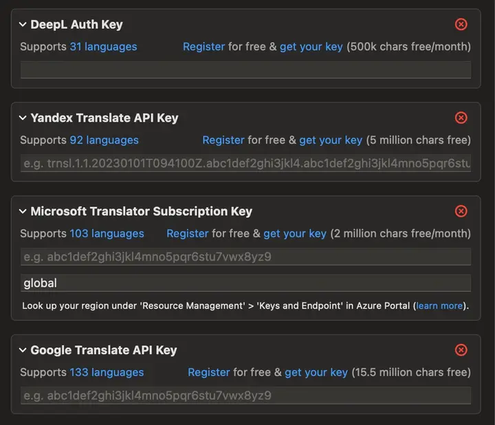 All 3rd-party services expanded linking to registration & API key docs.