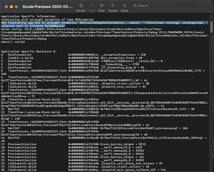 Contents of Xcode Previews .ips file with a proper error console output.
