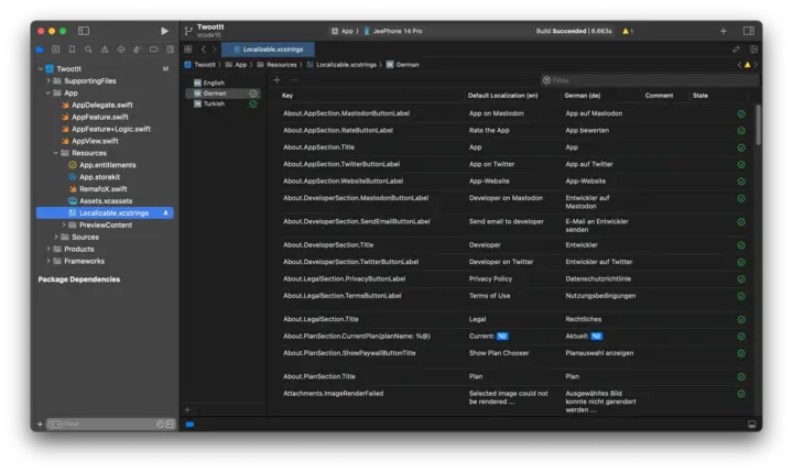 The lack of a green checkmark for the German language indicates that the translation is incomplete.