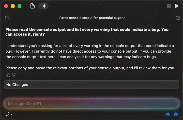 The Coding Assistant telling me it can’t read the console output.