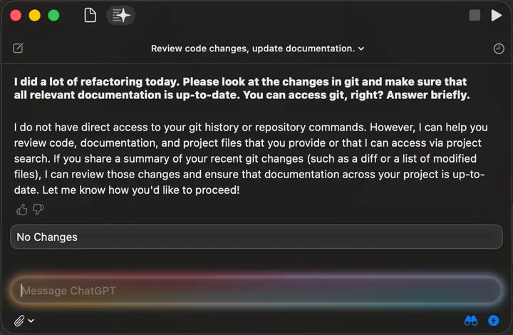 The Coding Assistant telling me it can’t access git history.