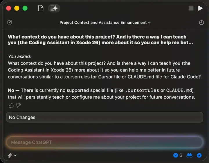 The Coding Assistant telling me it has no way to teach it about my project or guidelines.