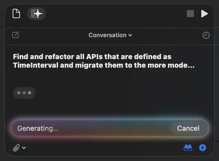 Xcode 26 blocks new chat input while processing the previous one.