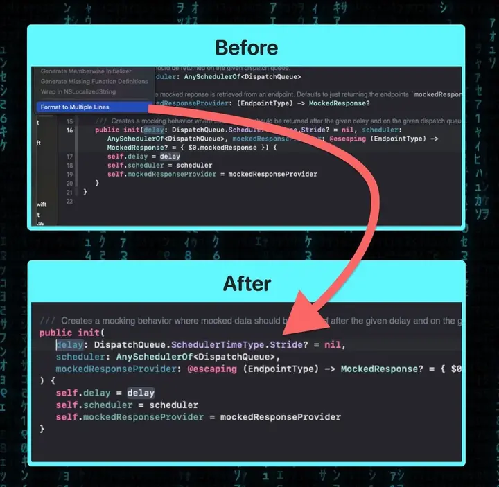 The Format to Multiple Lines option in Xcode 15