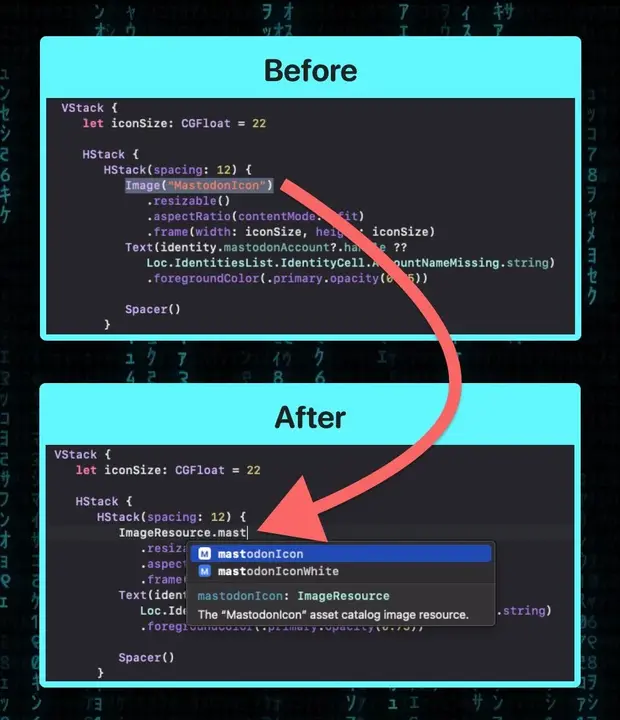 Xcode showing autocomplete suggestions for asset catalog resources
